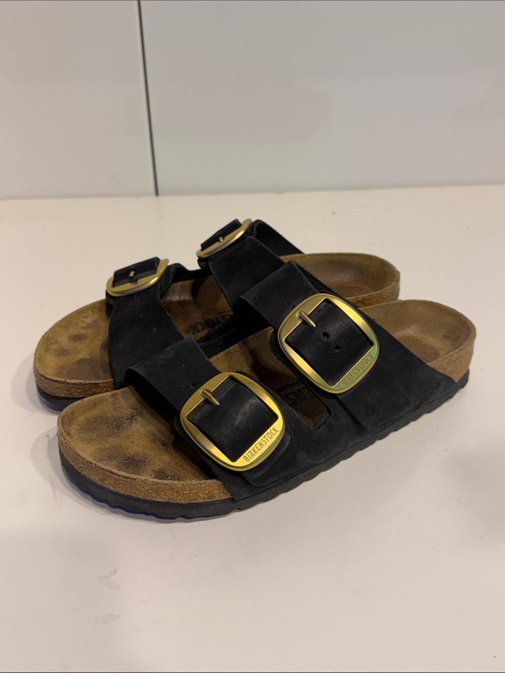 Gently used Birkenstock Black Arizona Sandals with Gold Buckles 6-6.5 narrow